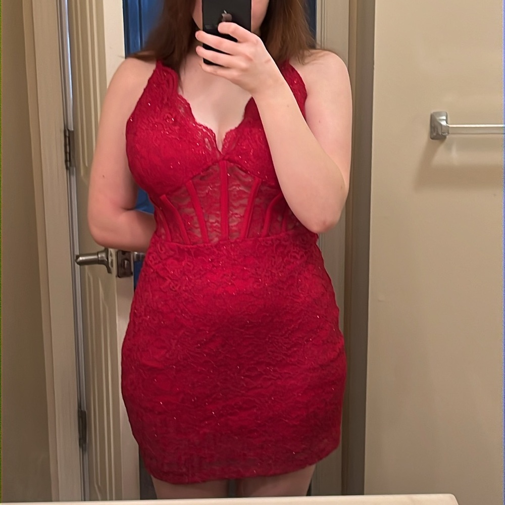 Red Sparkly Dress, Corset-Like Middle, Low Cut Body Con Dress, Lacy, Mini-Dress